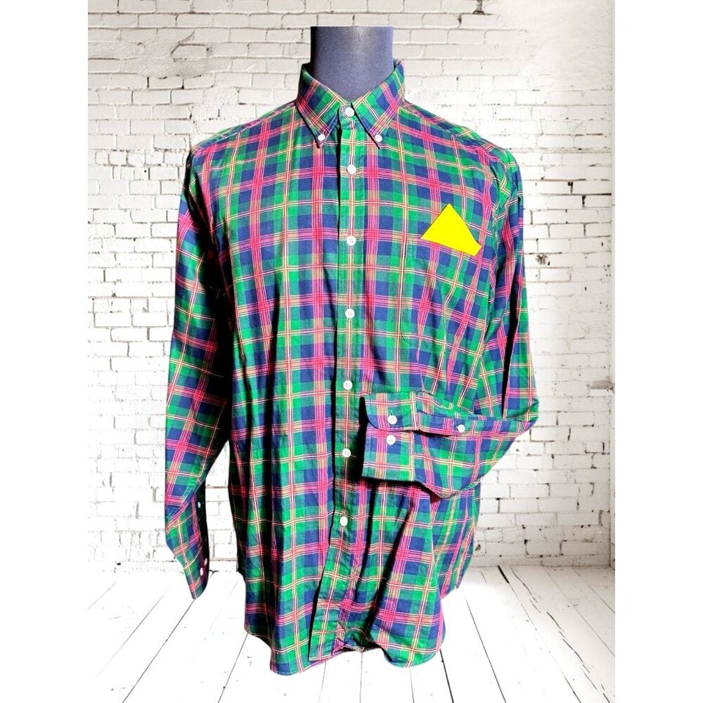 Hunt Club mens long sleeve shirt size L Pink and green plaid chest pocket
